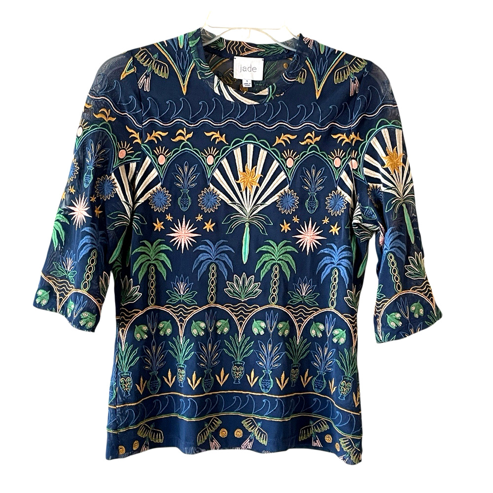 JADE by JOHNNY WAS Size Small Kaia Mesh Navy Del Mar Embroidered PulloverTop - Picture 2 of 13